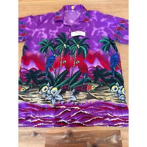 RedStar Men’s Hawaiian Shirt parrots and surfboards Large
